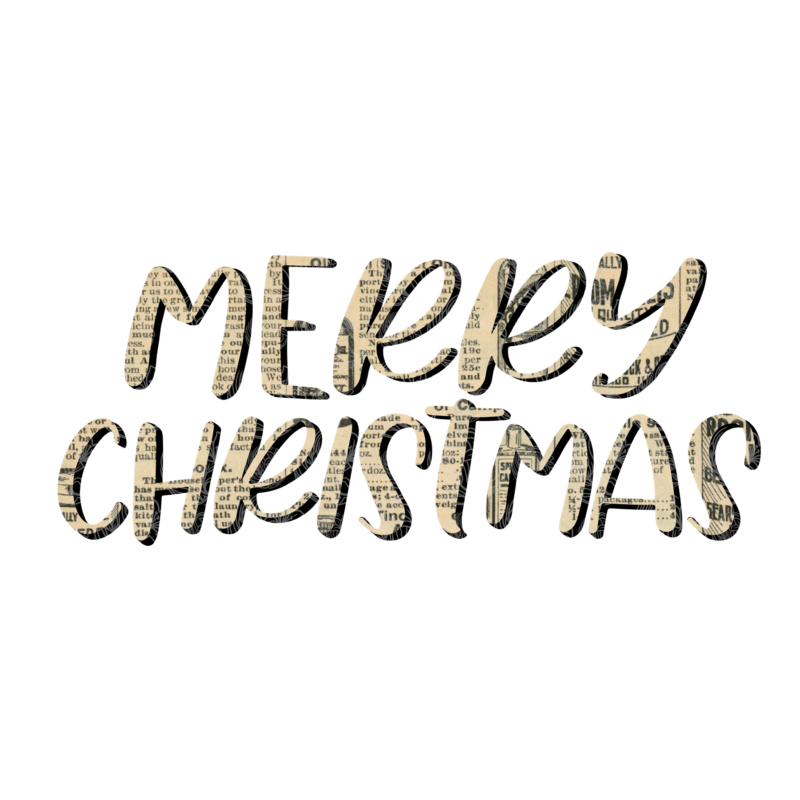 Merry christmas sign with vintage newspaper texture lettering, bold brush script, Grey Barn Handwerk, Saskatchewan.